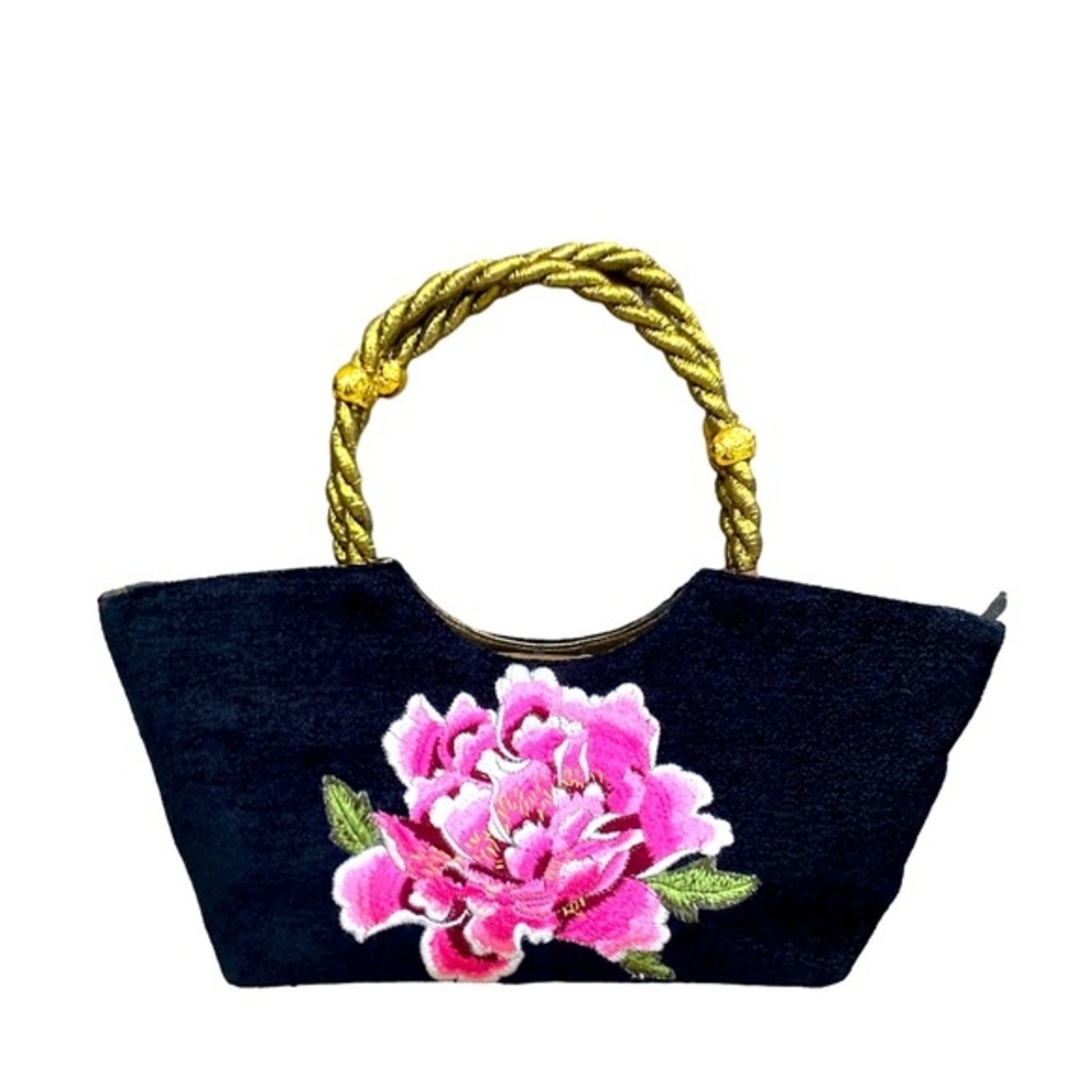 Medusa By Rosetta Velour Purse Pink Flower Embroidery Gold Bronze Trim Handbag